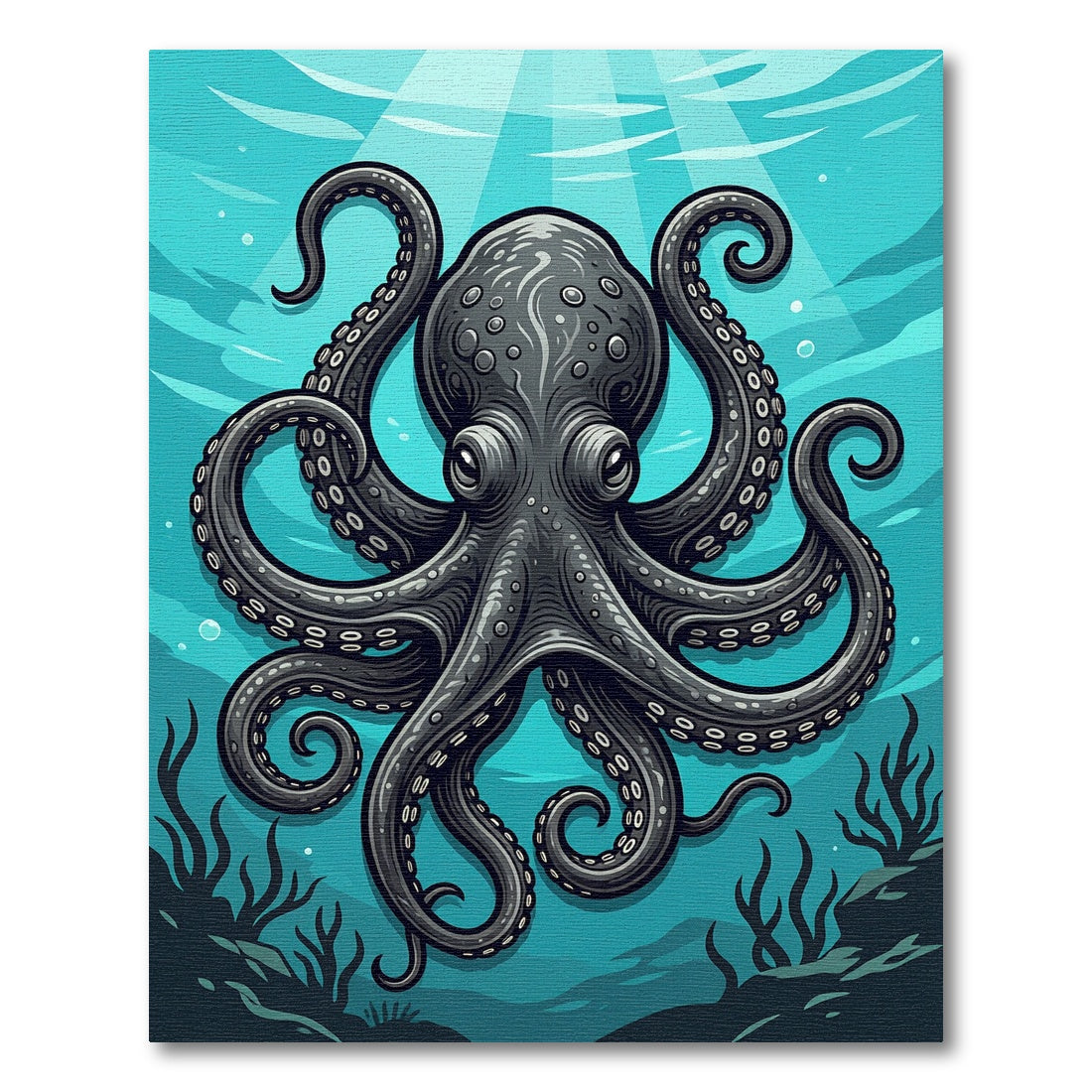 Detailed Dark Gray Octopus Underwater Illustration Rug