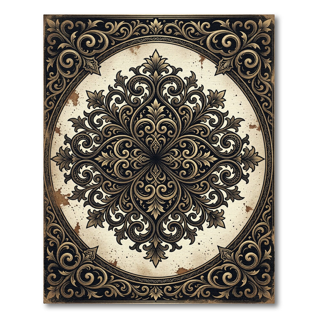 Ornate Gold Ink Damask Scroll Rug