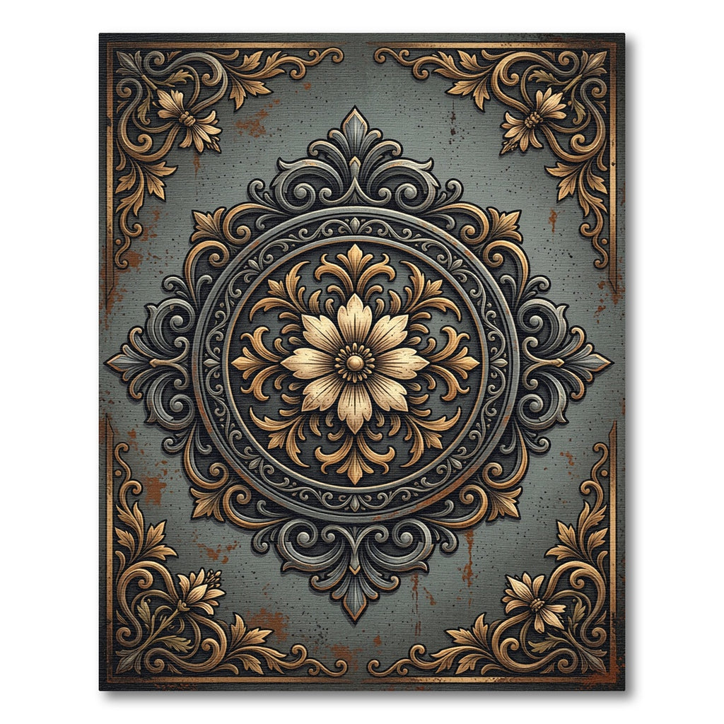Ornate Gold Floral Charcoal Medallion Rug