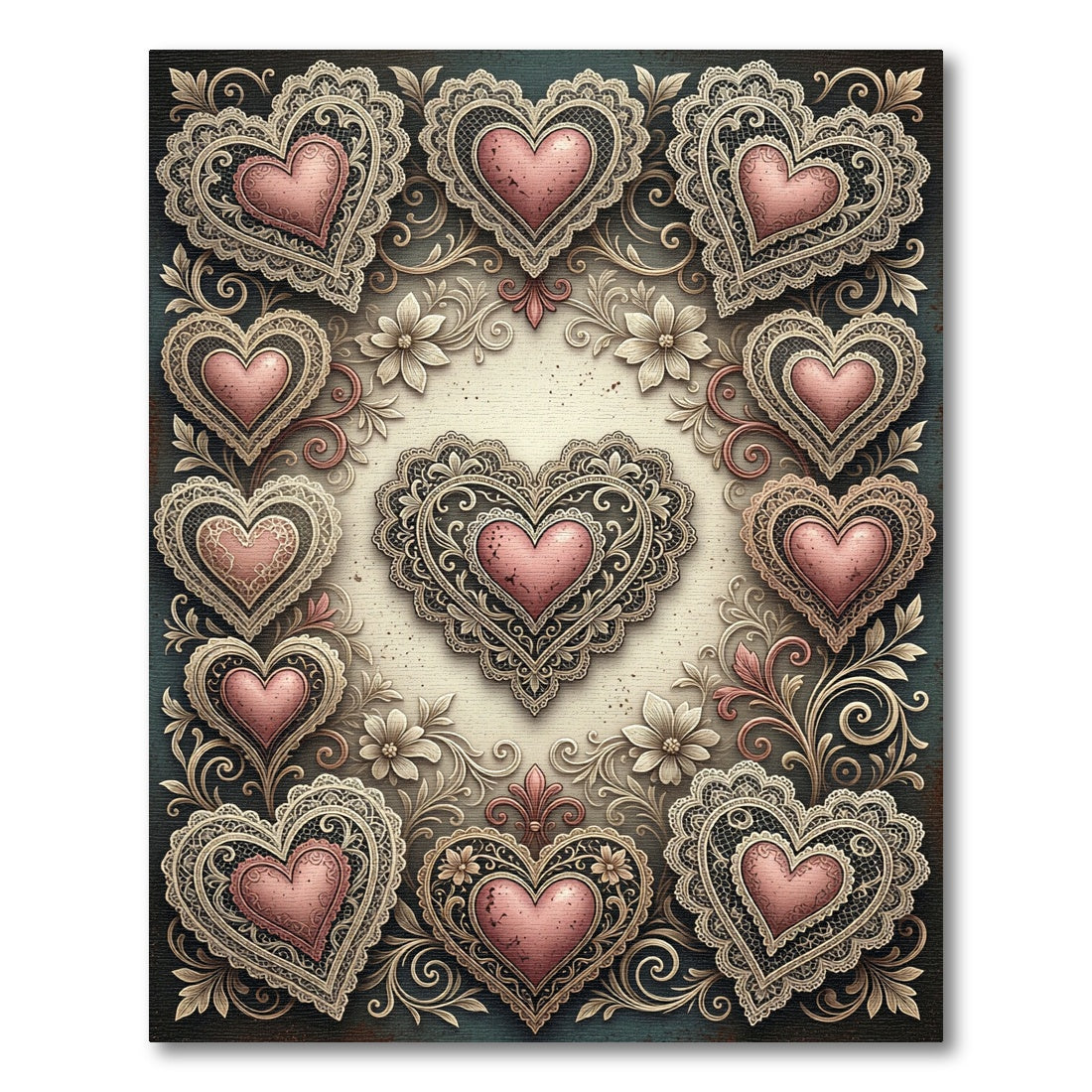 Ornate Pink Hearts Lace Border Rug
