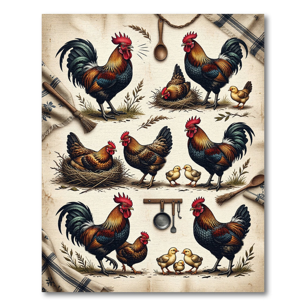 Rustic Farmhouse Rooster and Chicks Rug