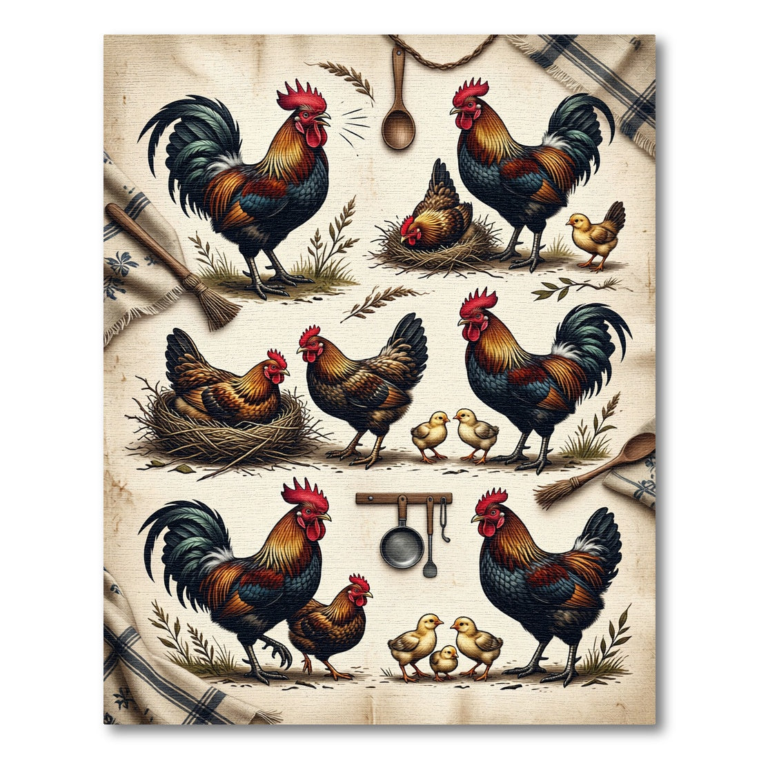 Rustic Farmhouse Rooster and Chicks Rug