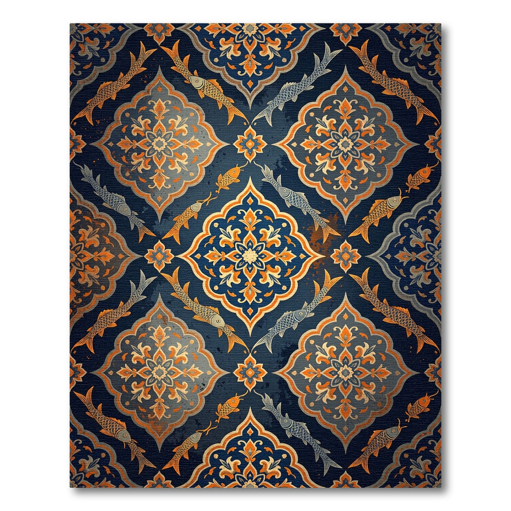 Golden Koi And Navy Floral Damask Rug