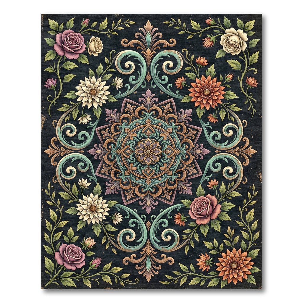 Floral Scroll Medallion Dark Garden Rug