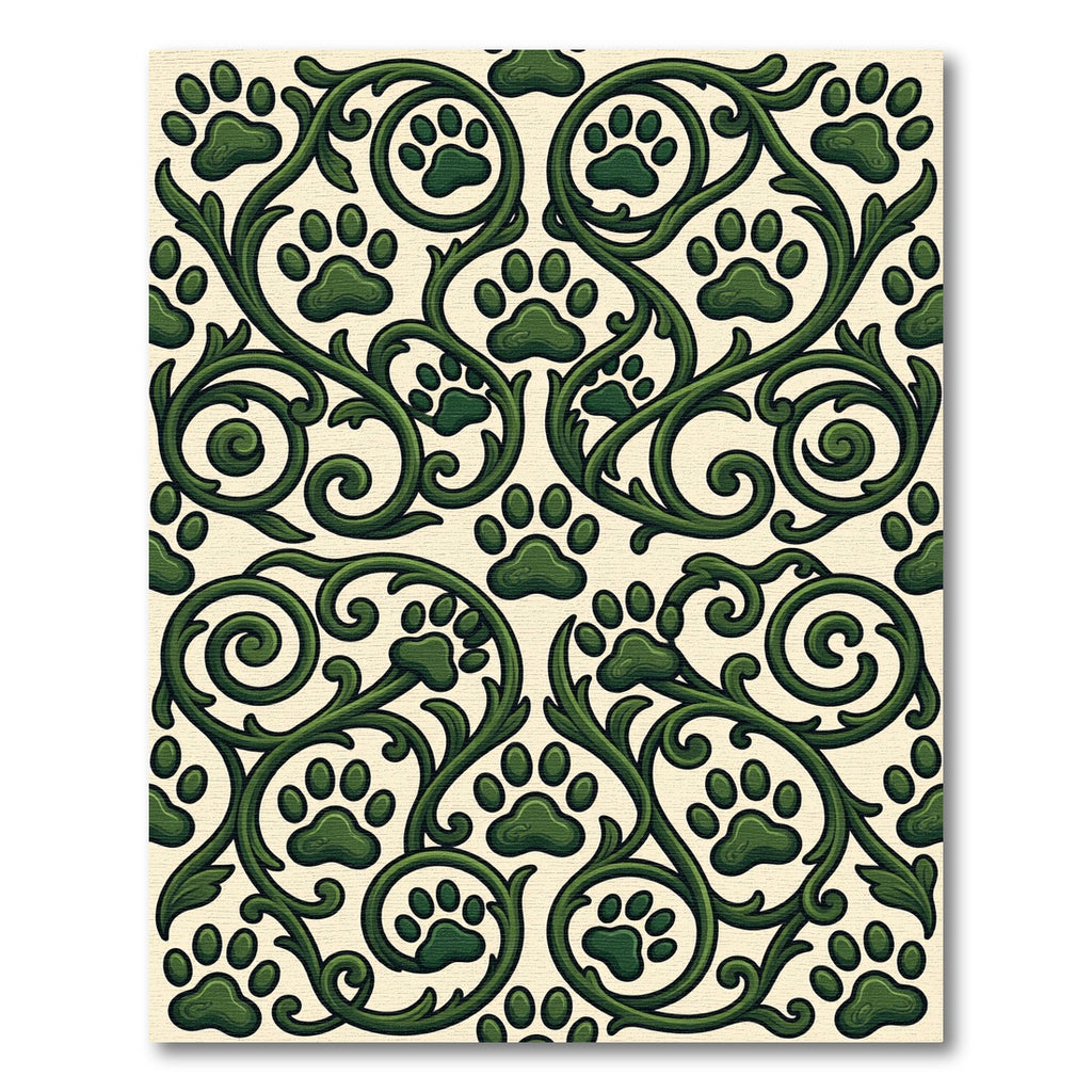 Emerald Scrollwork Paw Print Botanical Rug