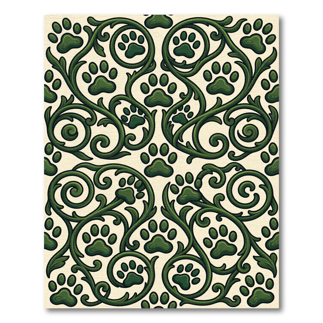 Emerald Scrollwork Paw Print Botanical Rug