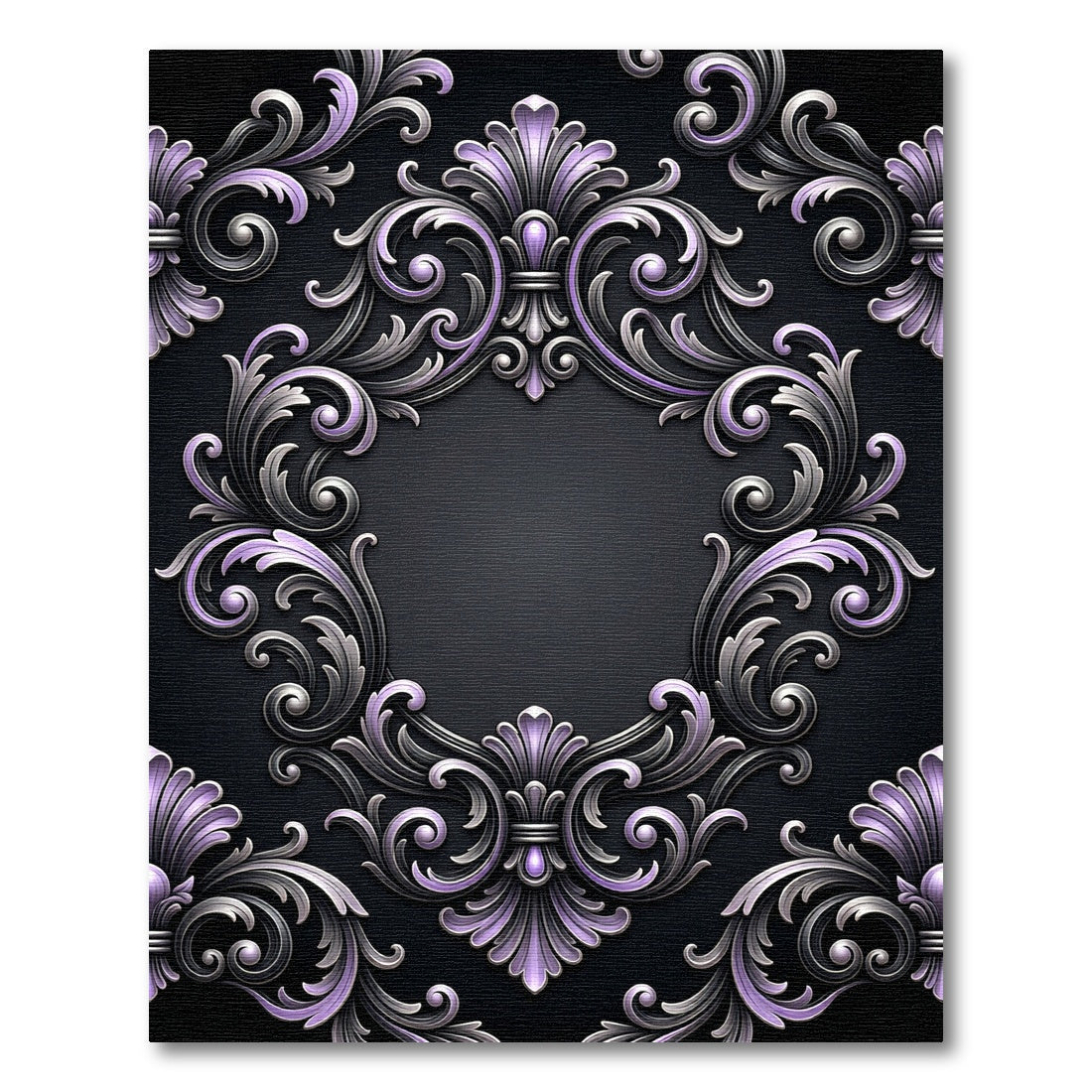 Ornate Silver and Lavender Damask Filigree Rug