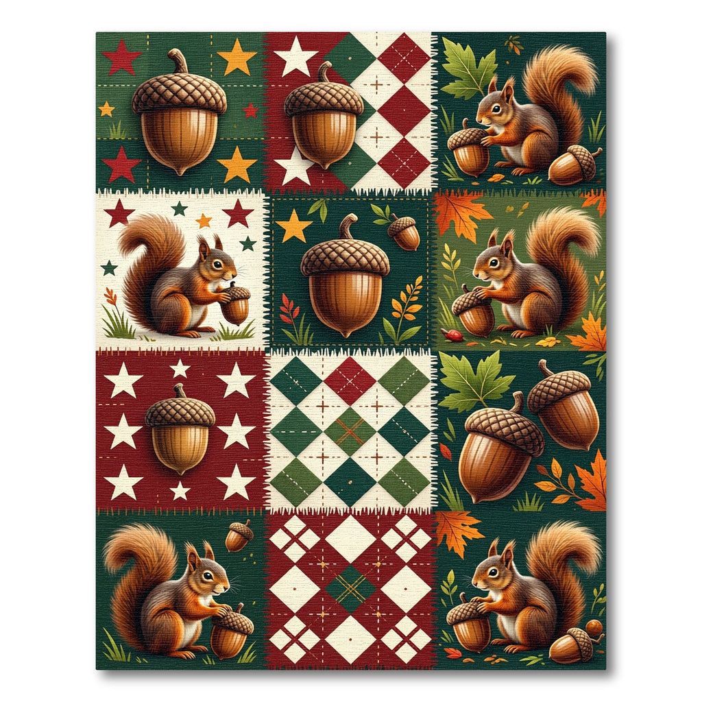 Autumn Acorn And Squirrel Patchwork Quilt Rug