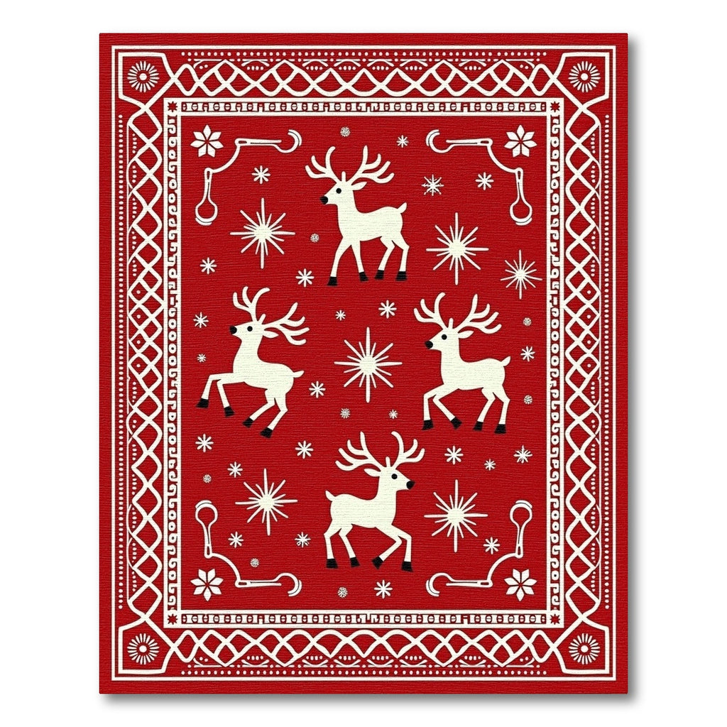 Rustic Red White Reindeer Snowflake Scape Rug