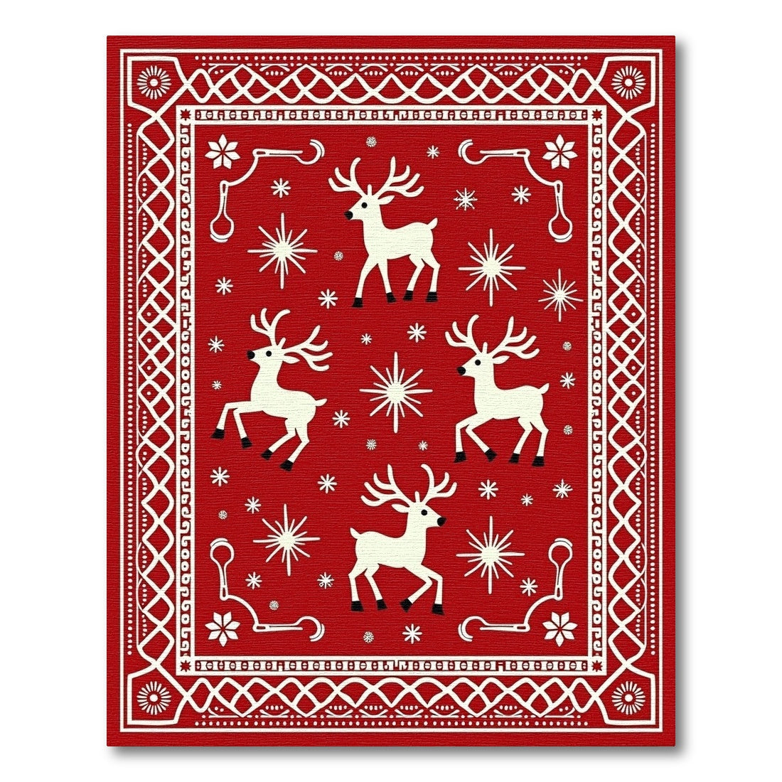 Rustic Red White Reindeer Snowflake Scape Rug