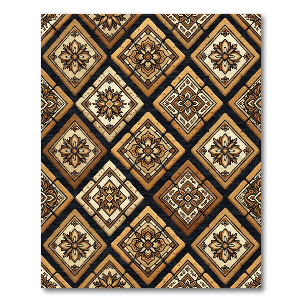 Ornate Golden Brown Geometric Tile Rug