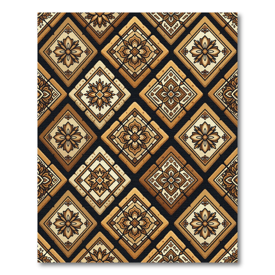 Ornate Golden Brown Geometric Tile Rug