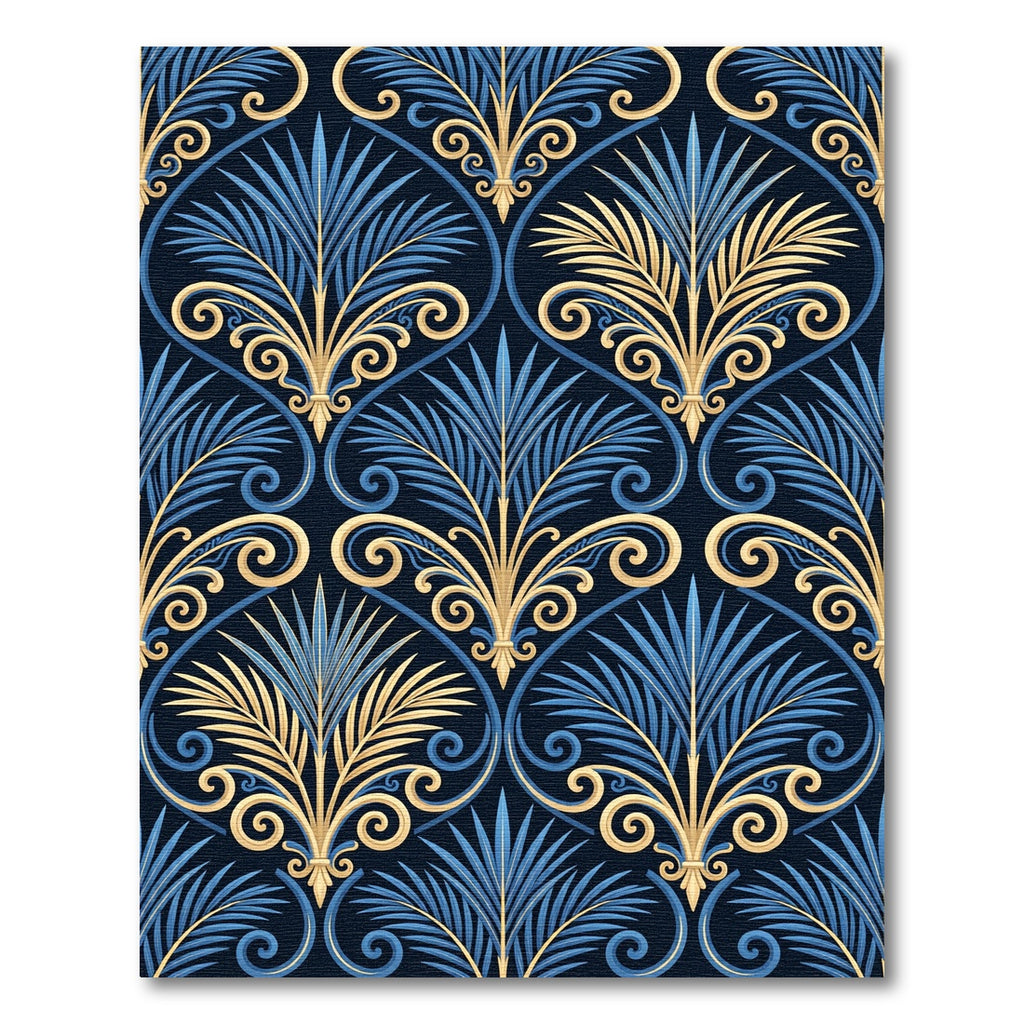 Blue Gold Art Deco Palm Leaf Rug