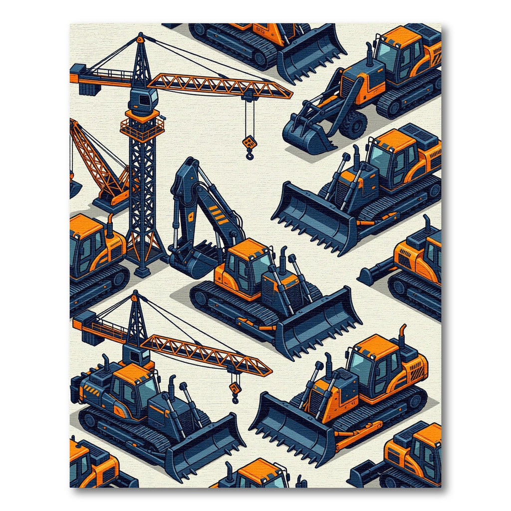 Isometric Orange Construction Machinery Illustrative Rug