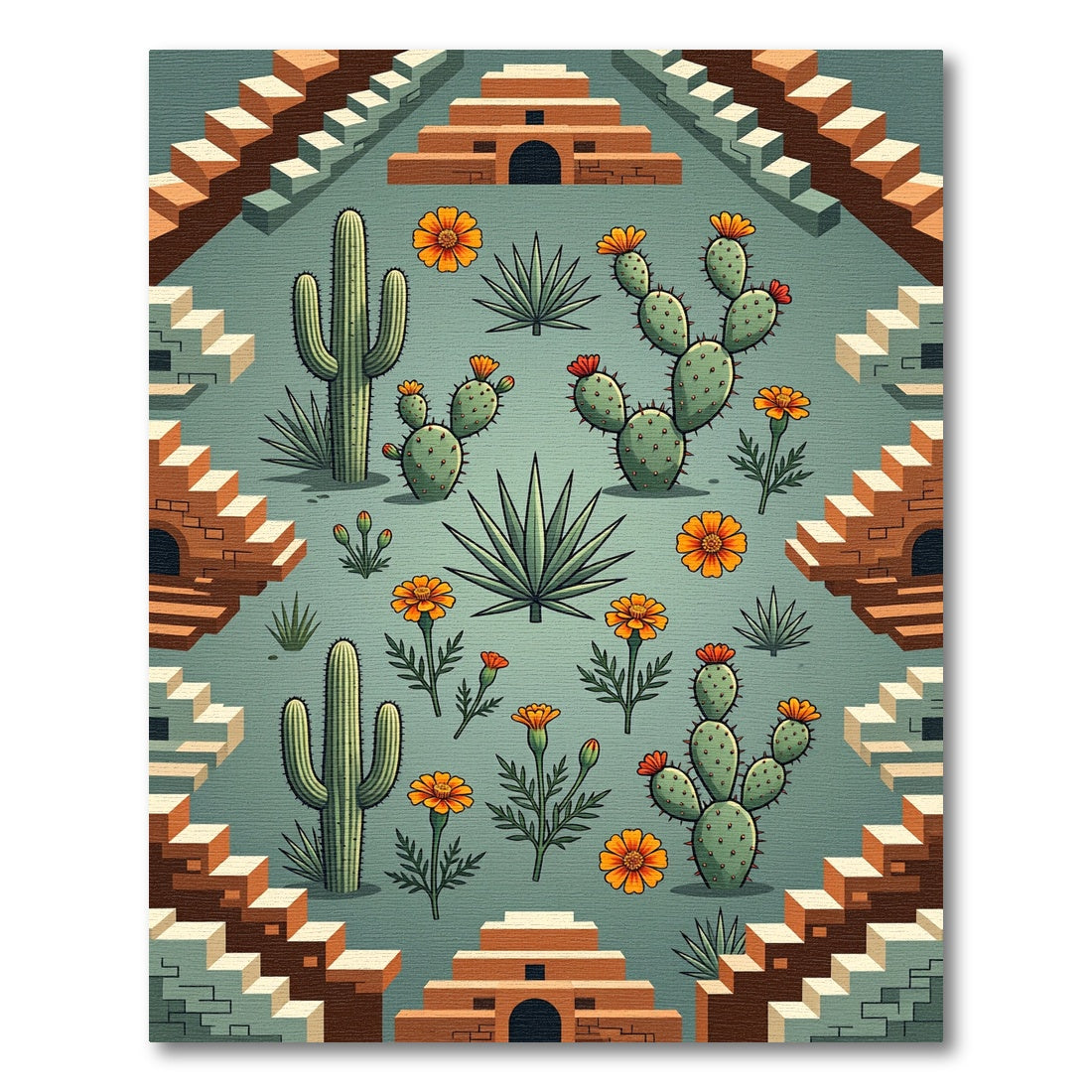 Terracotta Desert Succulent Staircase Illustration Rug