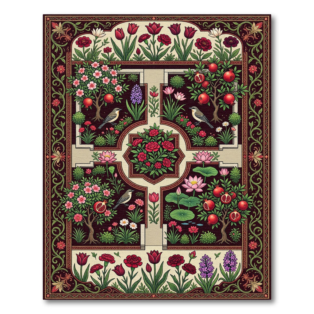 Crimson Garden Birds Woodland Botanical Rug