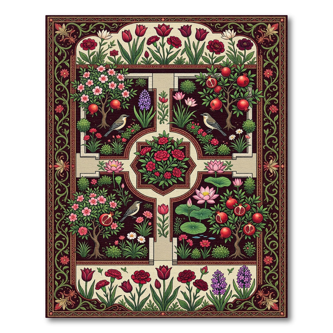 Crimson Garden Birds Woodland Botanical Rug