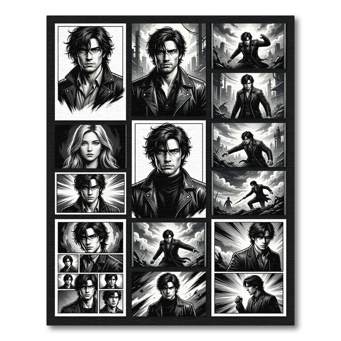Noir Charcoal Manga Montage Illustration Rug