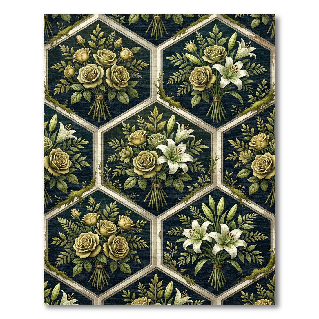 Elegant Olive Gold Floral Hexagon Rug