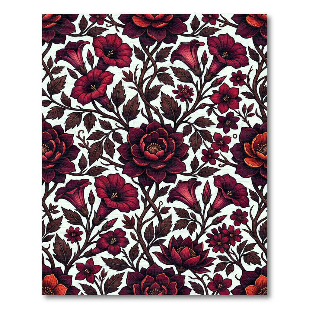 Deep Crimson Floral Botanical Arrangement Rug