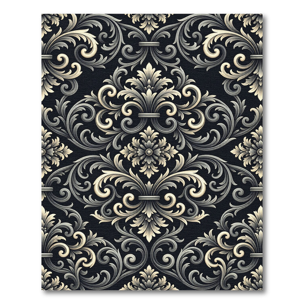 Antique Black Gold Scrollwork Fleur-de-lis Rug