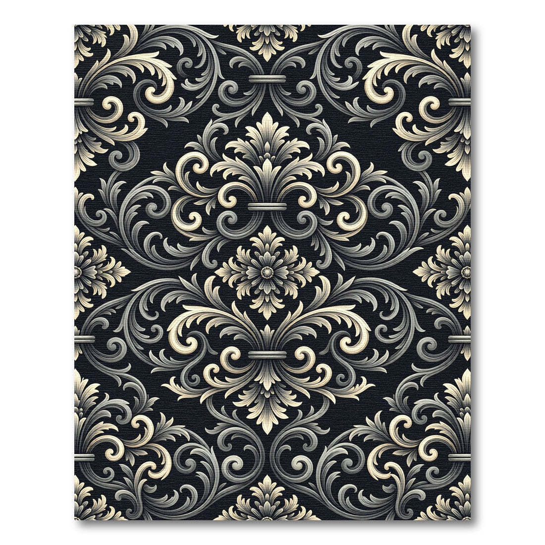 Antique Black Gold Scrollwork Fleur-de-lis Rug