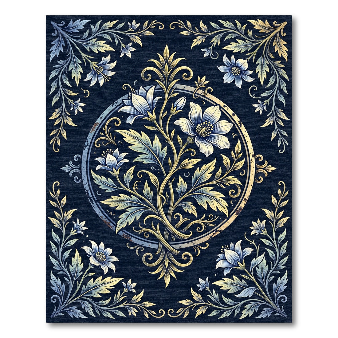 Ethereal Gold Floral Navy Medallion Rug