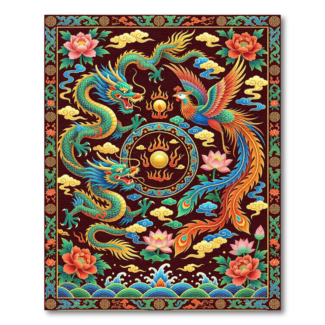 Vibrant Emerald Dragon Phoenix Medallion Rug