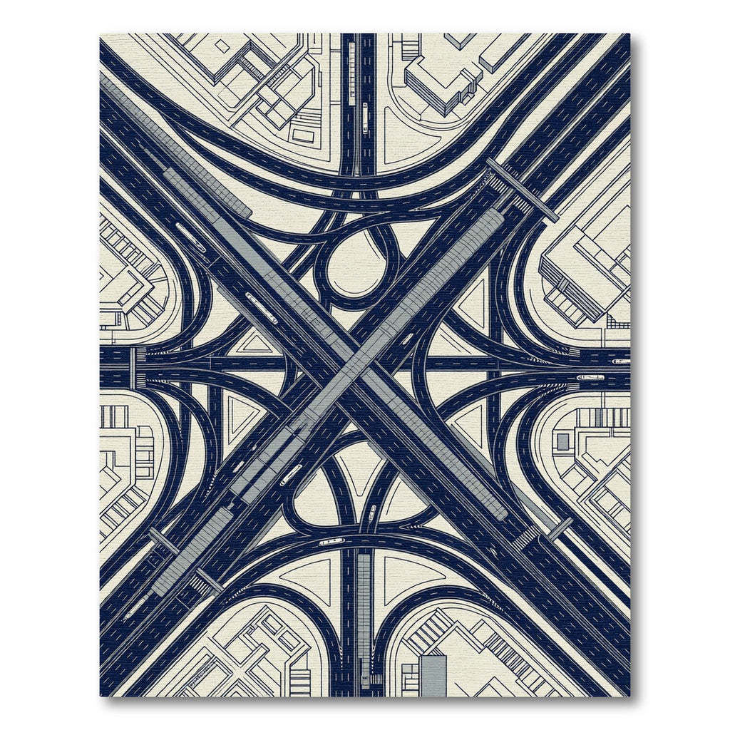 Modern Navy Highway Interchange Blueprint Rug
