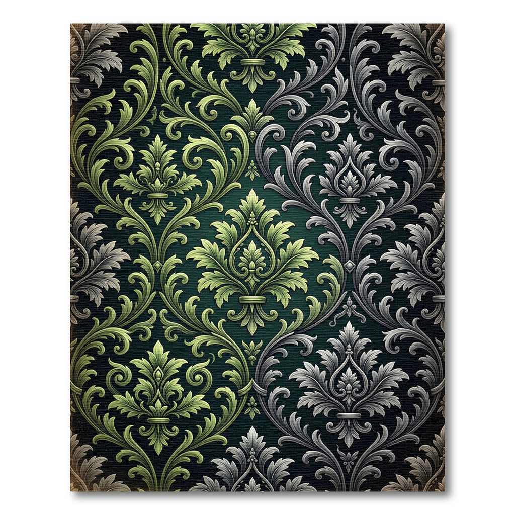 Dark Green Silver Baroque Damask Rug