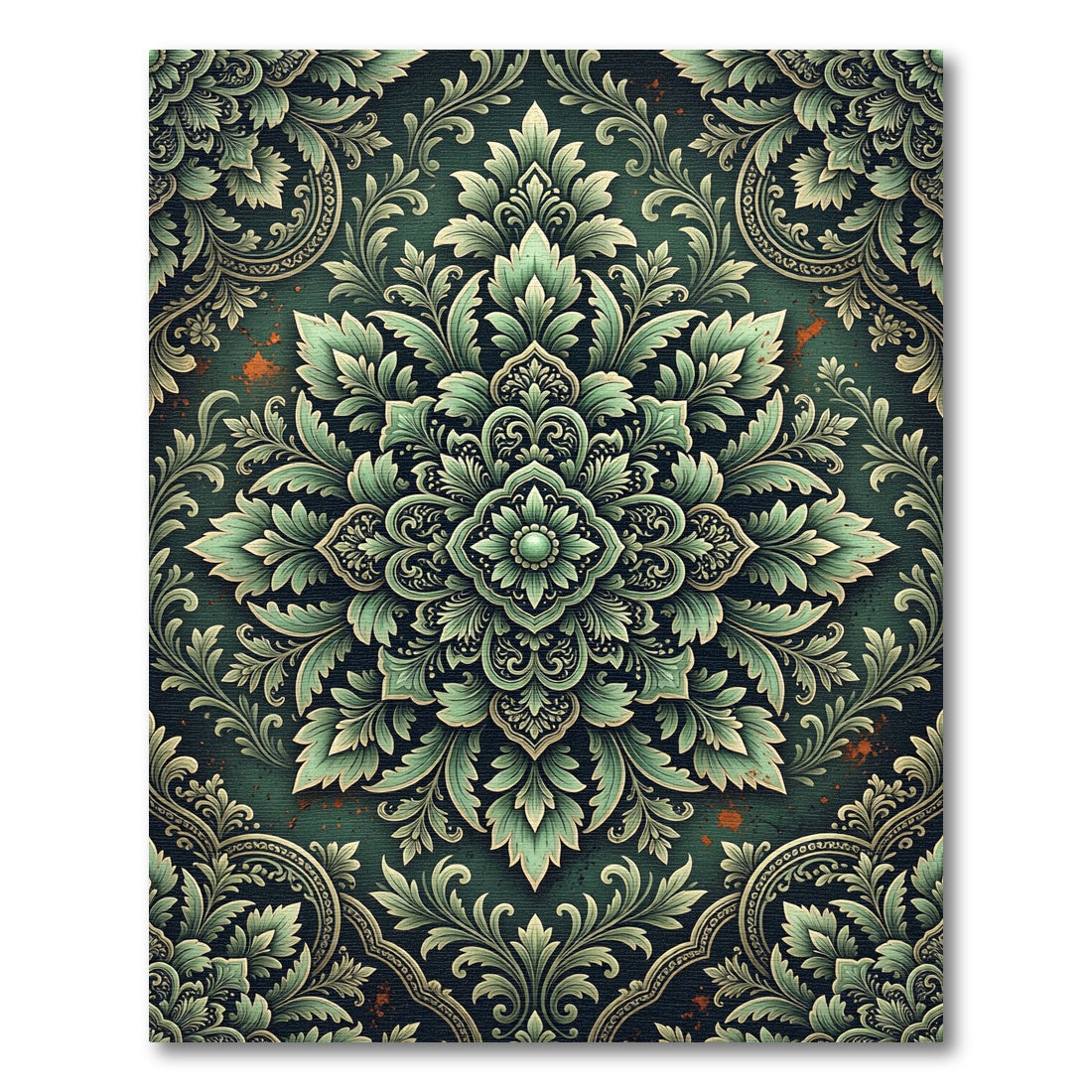 Elegant Sage Green Damask Ornate Medallion Rug