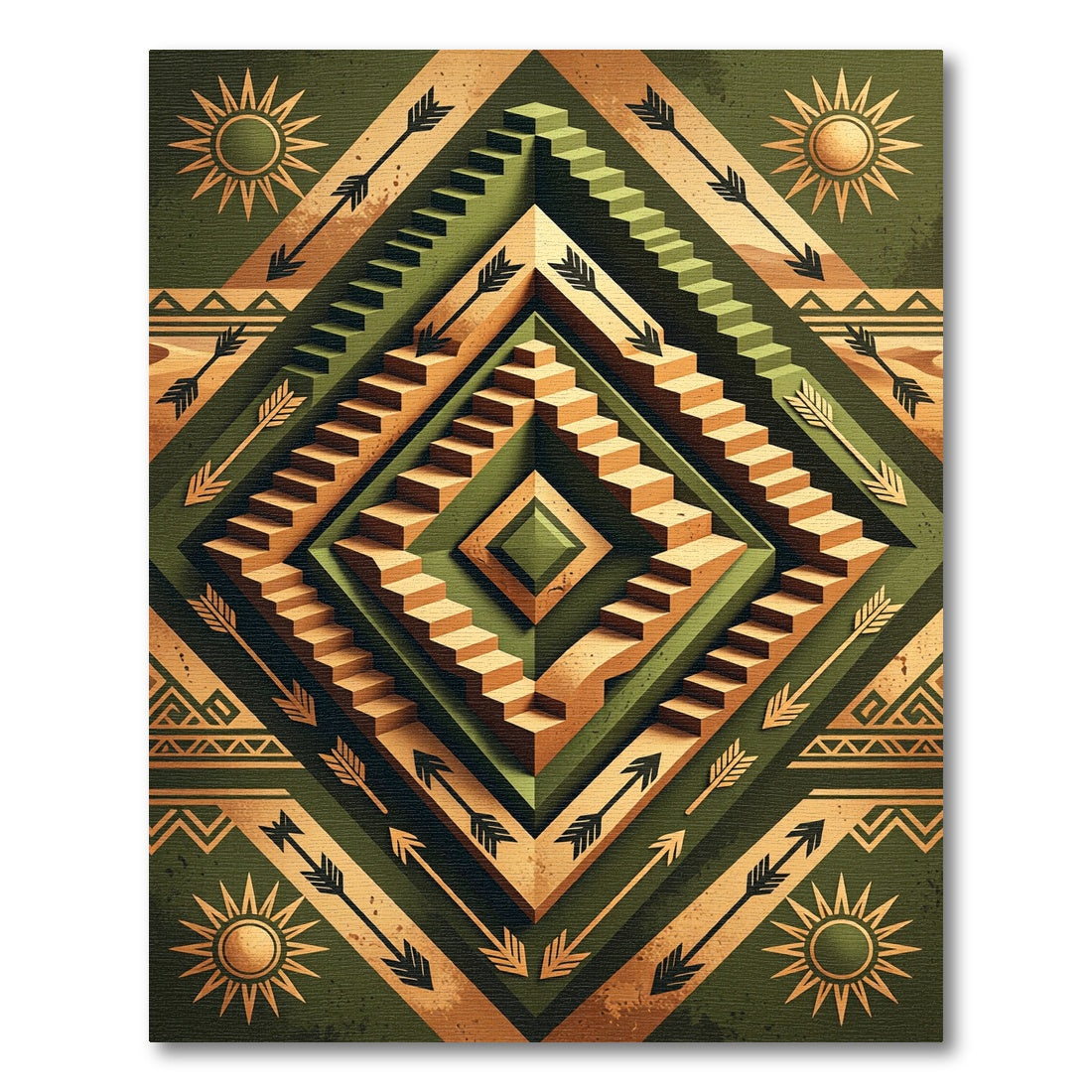 Green Gold Arrow Stair Terraced Rug