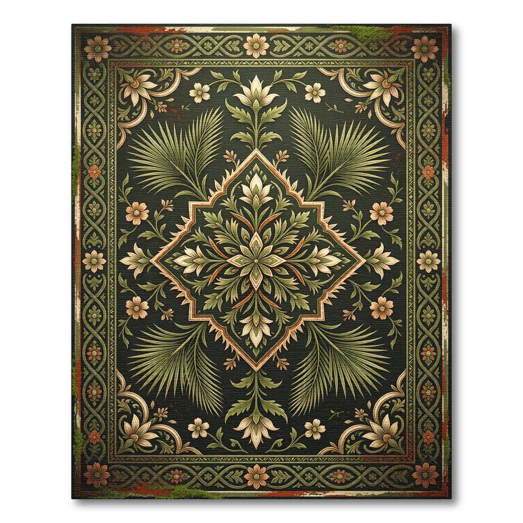 Elegant Dark Green Botanical Medallion Rug