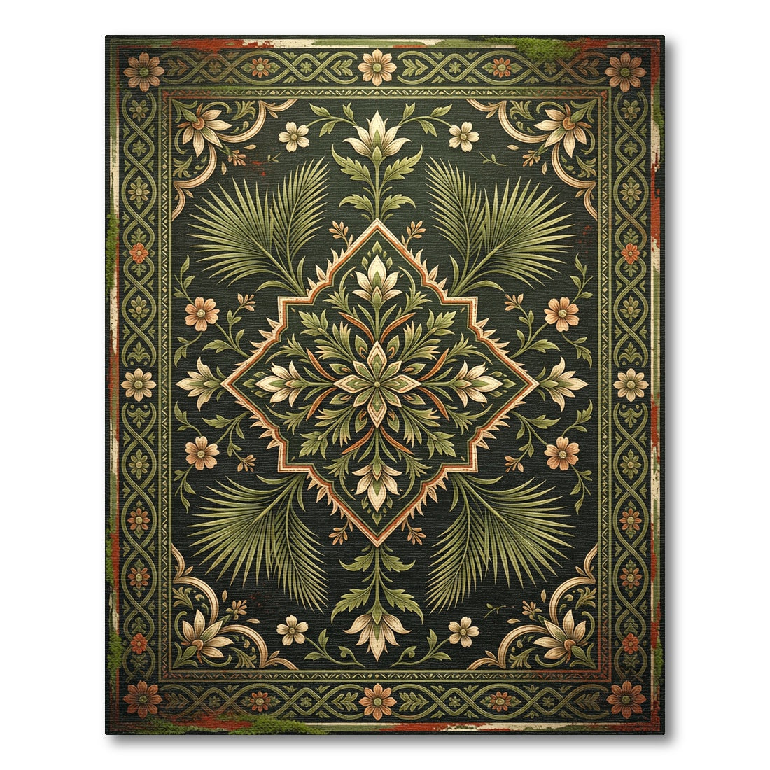 Elegant Dark Green Botanical Medallion Rug
