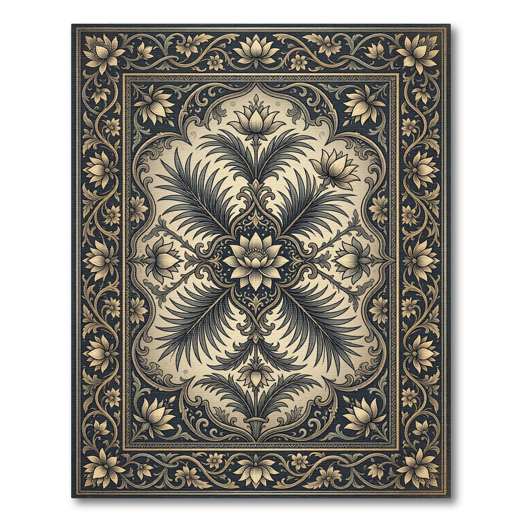 Elegant Gold Lotus Navy Botanical Art Rug