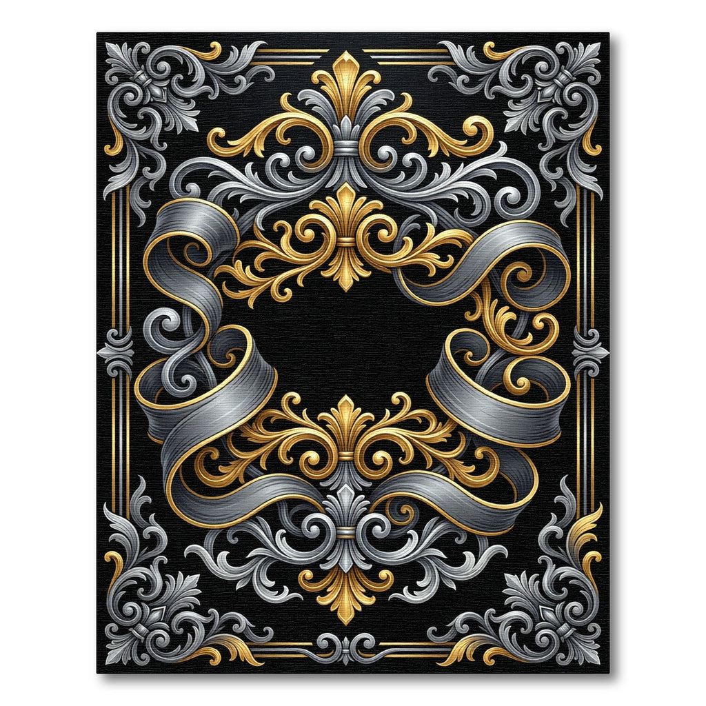 Ornate Gold Silver Scrollwork Border Rug