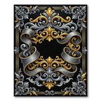 Ornate Gold Silver Scrollwork Border Rug