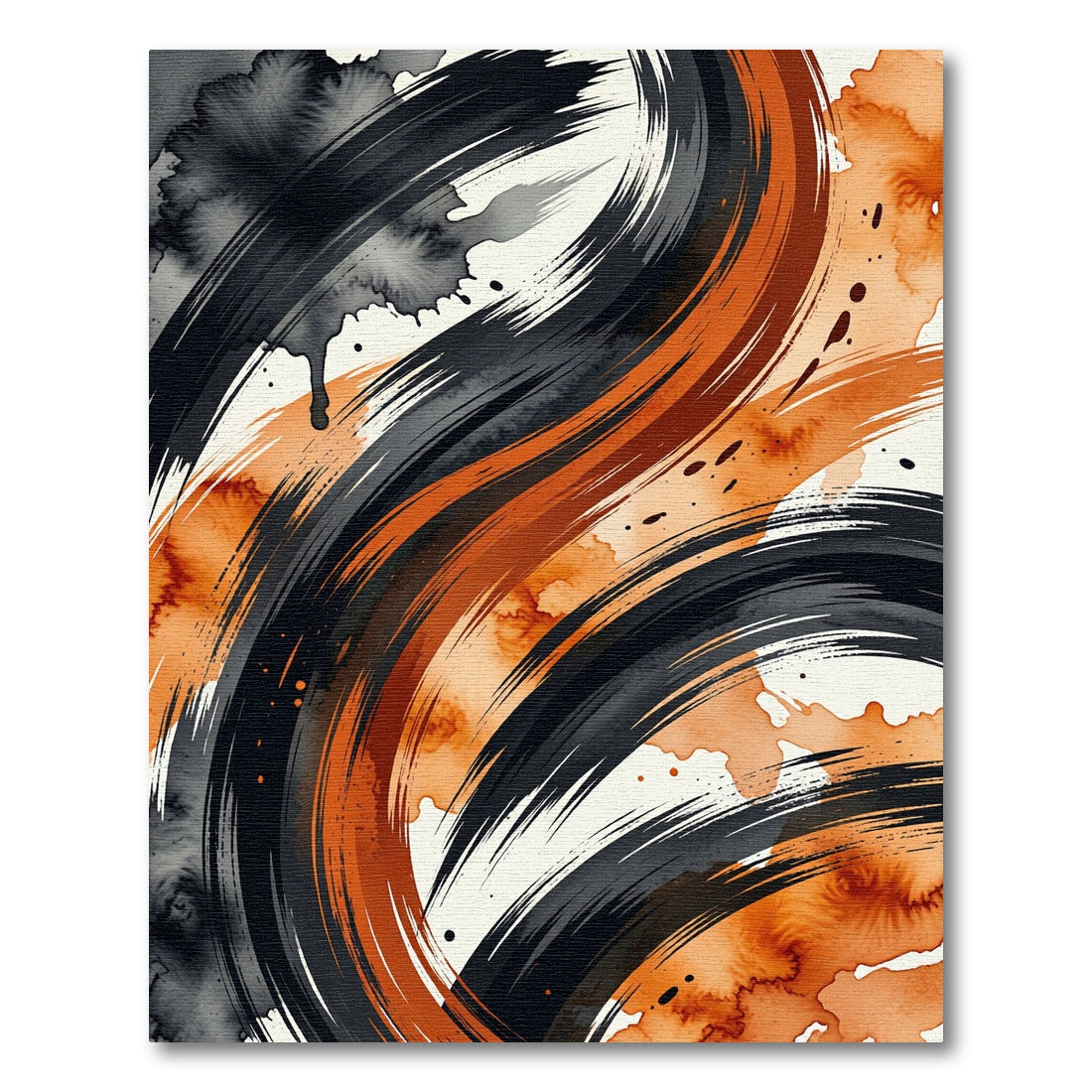 Dynamic Black Orange Swirl Brushstrokes Rug