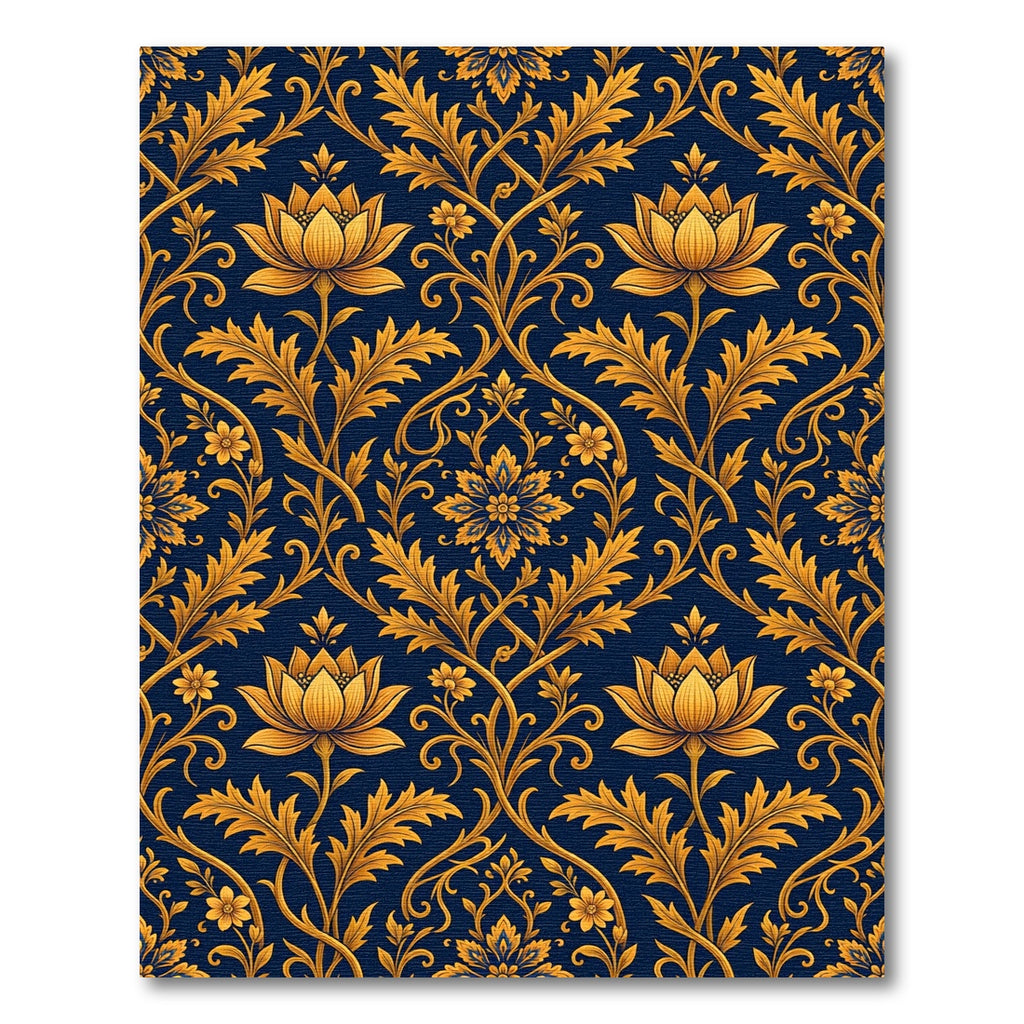 Elegant Gold Lotus Navy Damask Scroll Rug