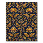 Elegant Gold Lotus Navy Damask Scroll Rug