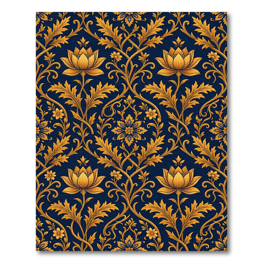 Elegant Gold Lotus Navy Damask Scroll Rug