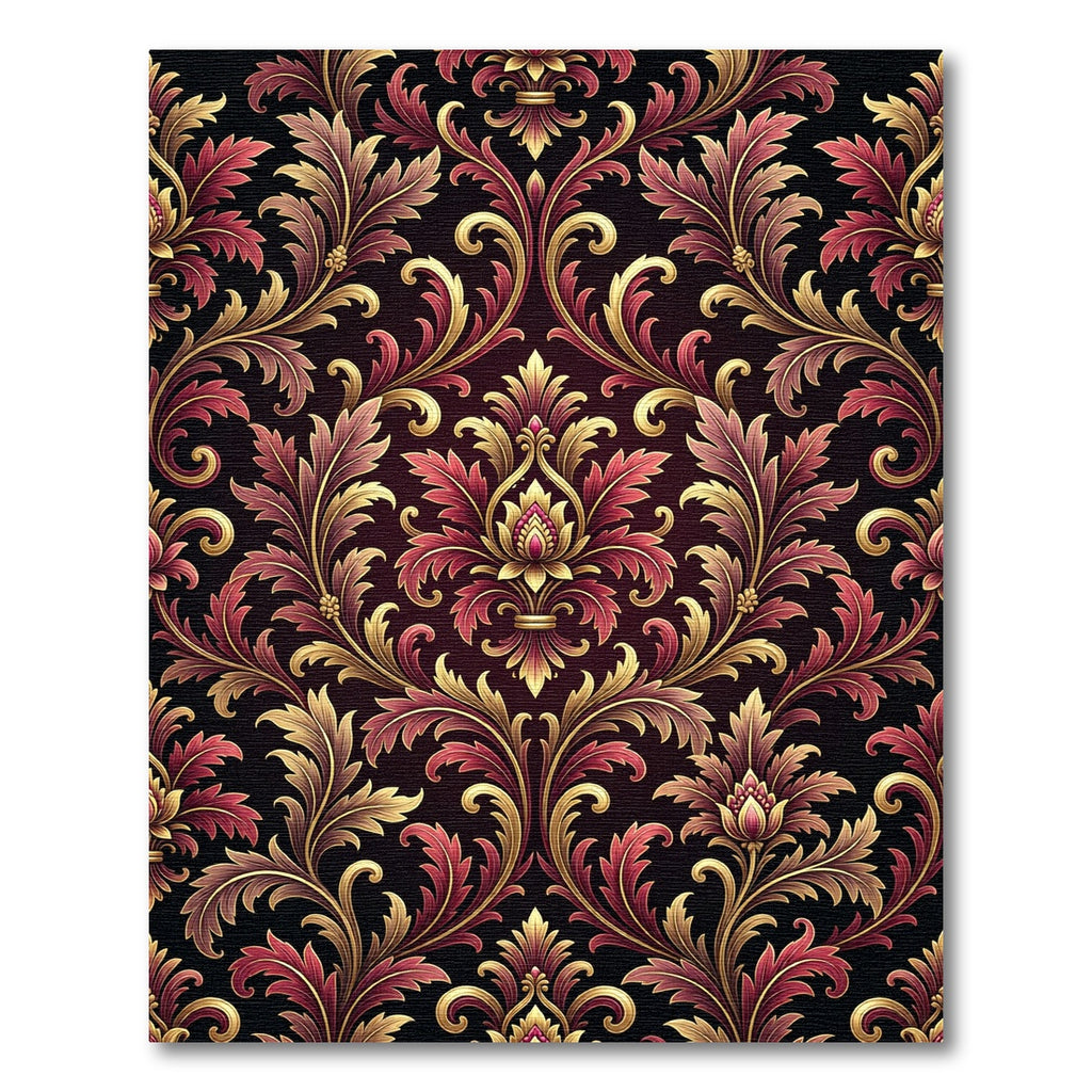Ornate Burgundy and Gold Damask Rug