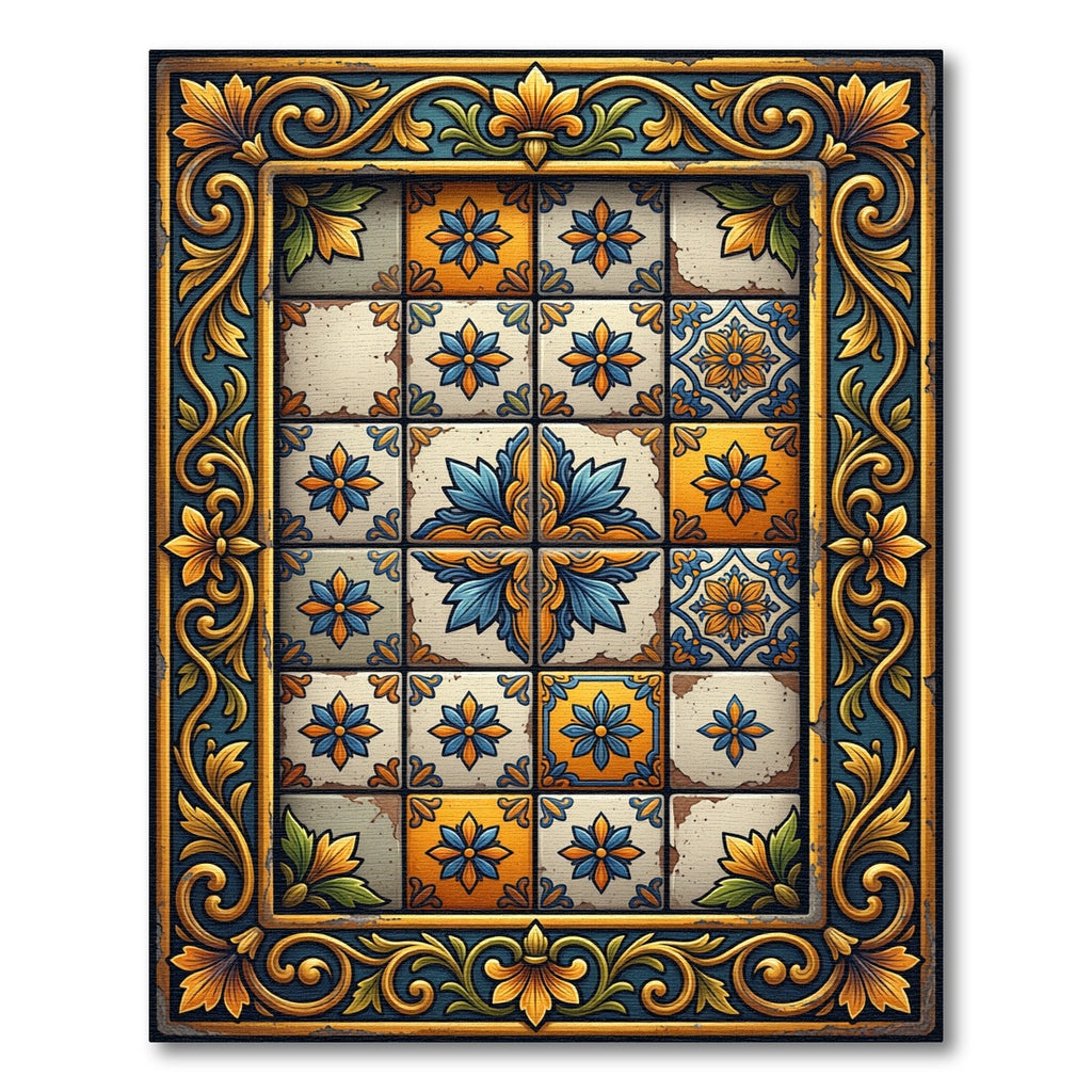 Golden Blue Floral Talavera Tile Rug