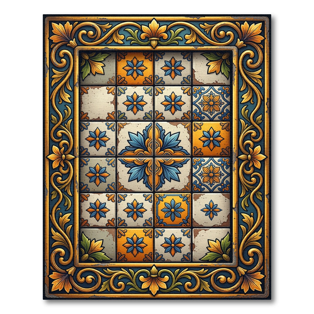 Golden Blue Floral Talavera Tile Rug