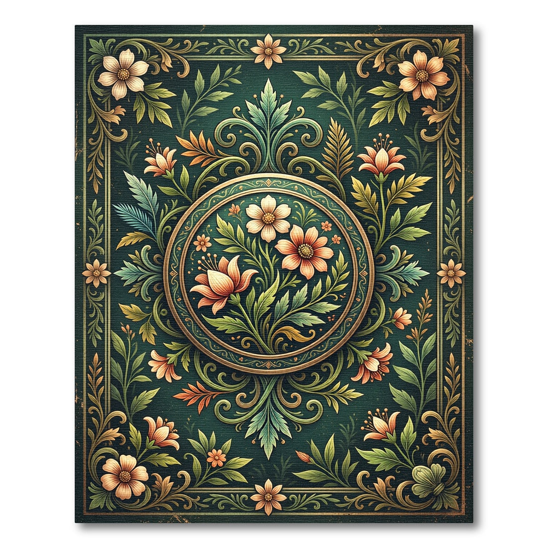 Elegant Emerald Floral Medallion Illustration Rug