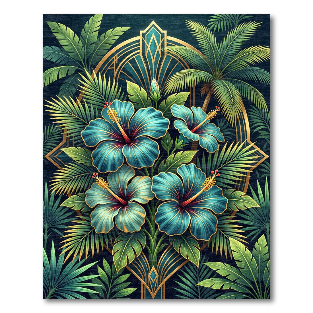 Art Deco Teal Hibiscus Palm Garden Rug