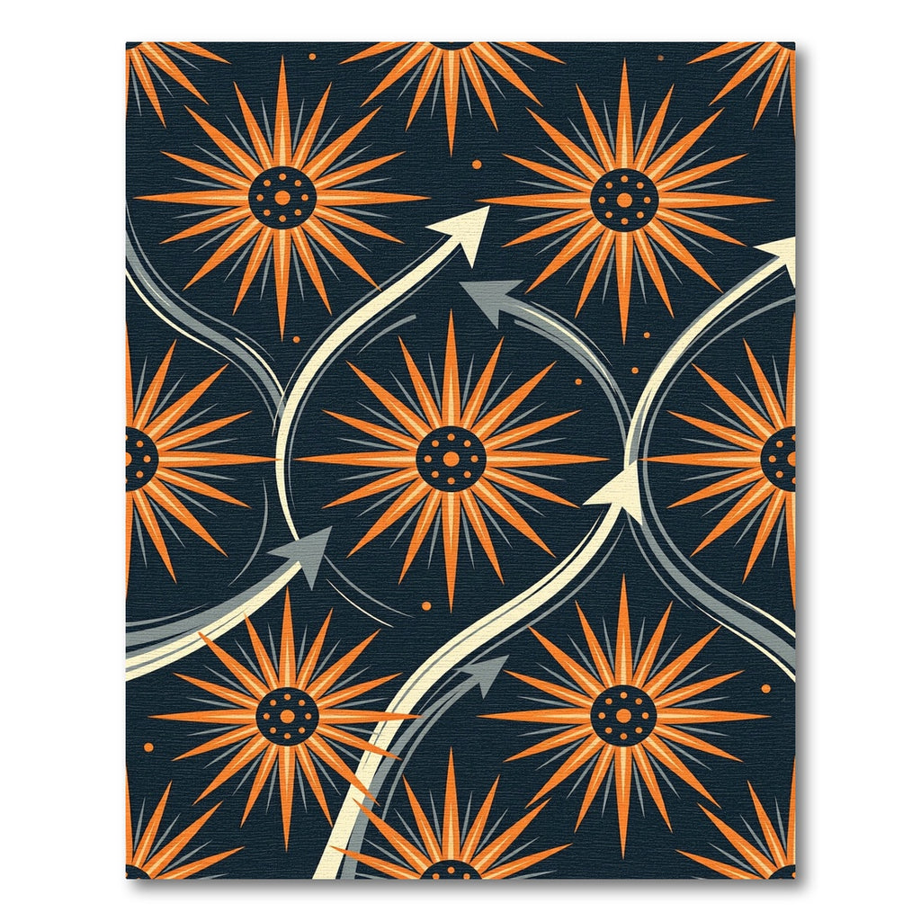 Midcentury Orange Starburst Curved Geometric Rug
