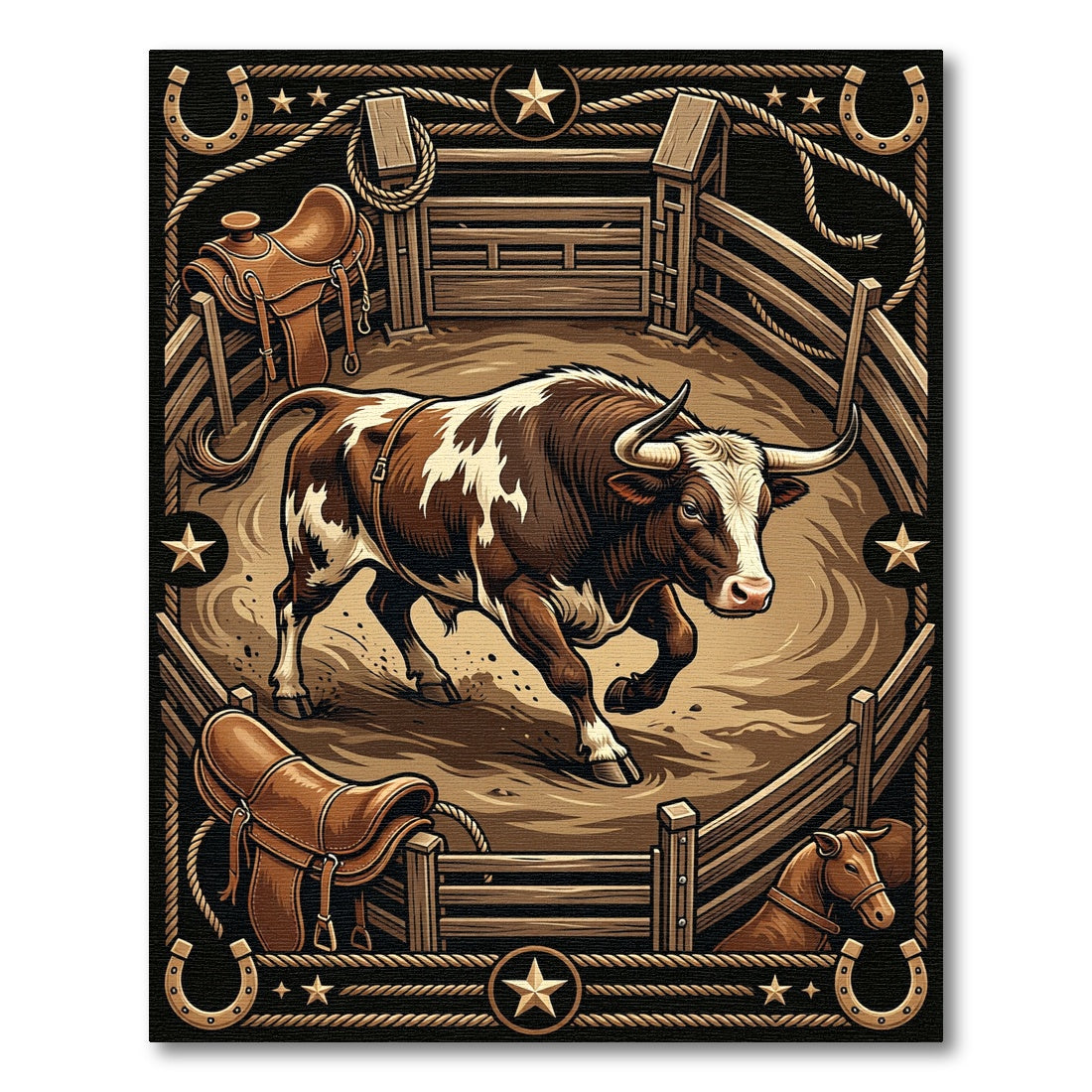Rustic Western Bull Rodeo Scene Rug