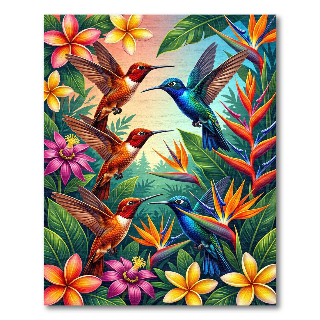 Vibrant Tropical Hummingbird Jungle Floral Rug