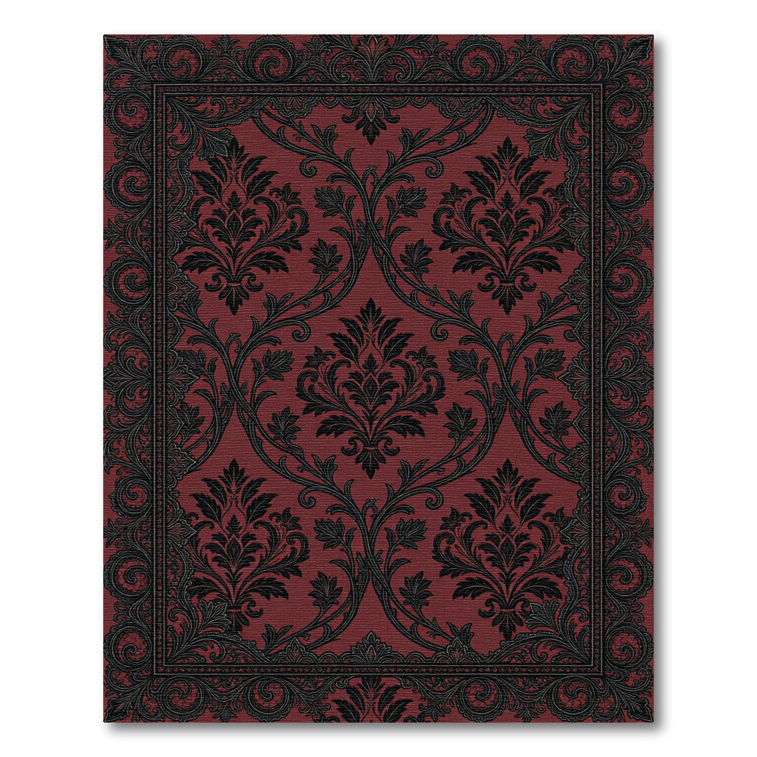Gothic Crimson Black Ornate Damask Rug